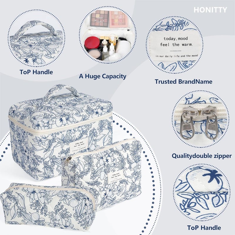honitty Makeup Bag,Quilted Cosmetic Bags,Large Floral Make Up Organize bag,Makeup Bag Set for Women,Flower Travel Toiletry Bag - Image 3